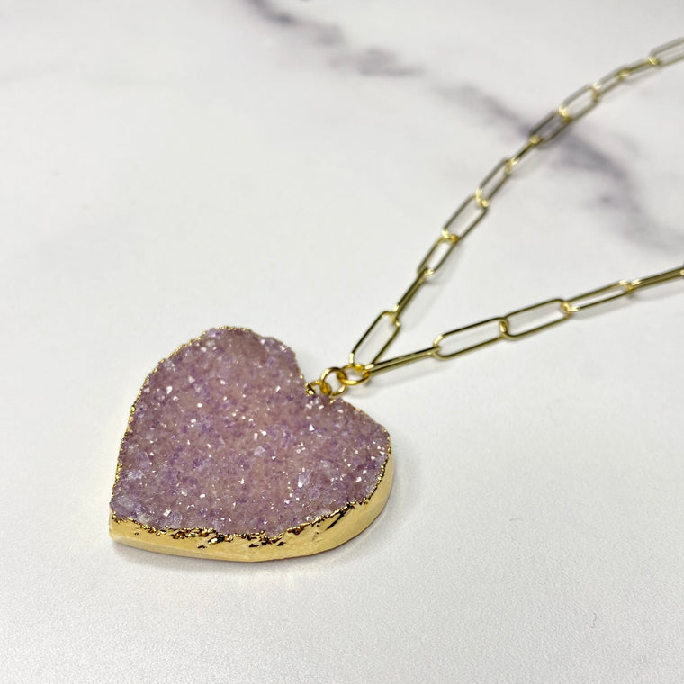 Pink/Lavendar Heart Druzy Pendant on Gold-Filled PaperClip Chain Necklace  NEW