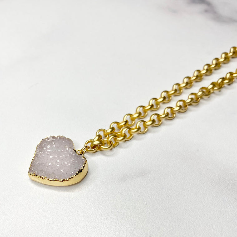 White Heart Druzy Pendant on Chunky Brushed Gold-Filled Necklace  (small)   NEW