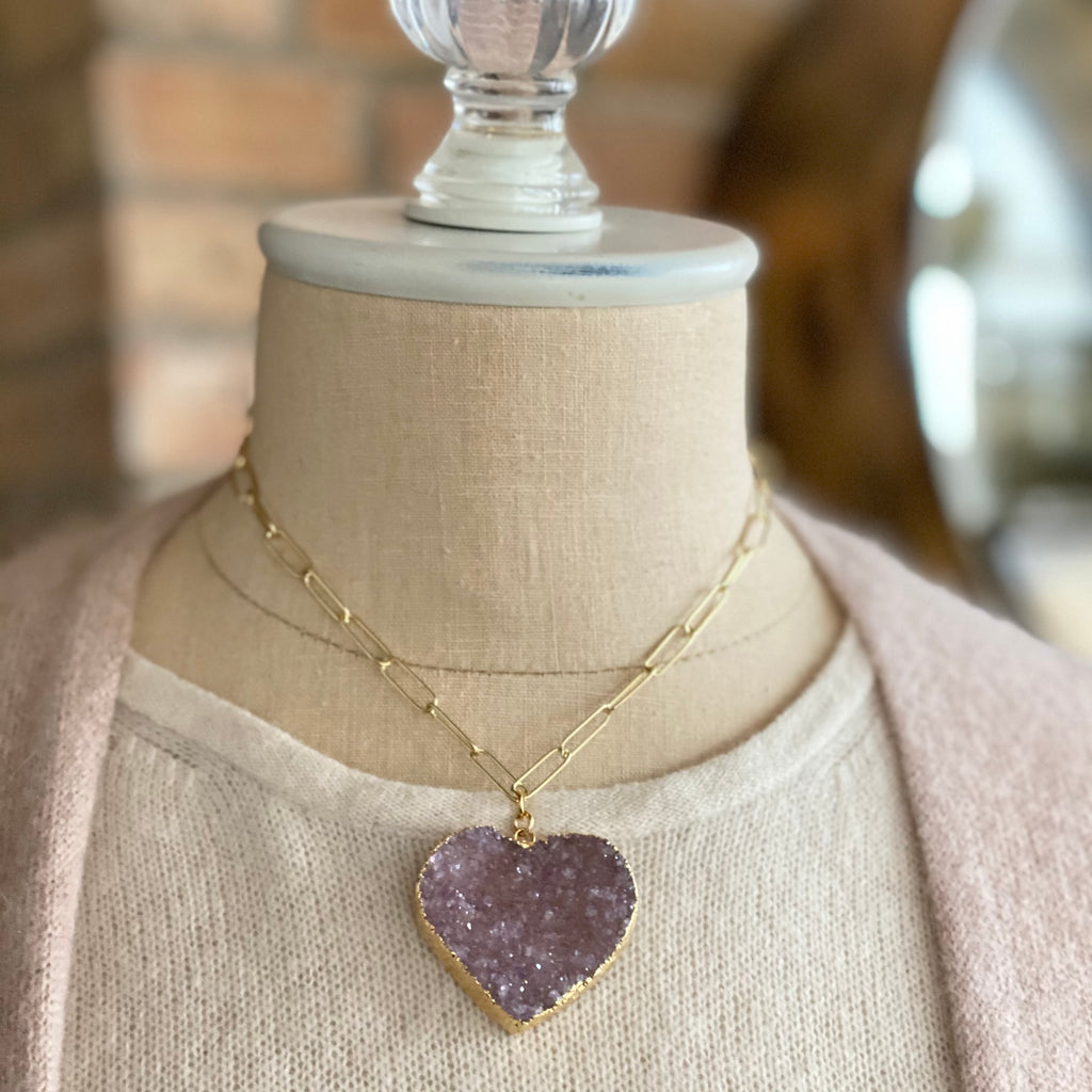 Pink/Lavendar Heart Druzy Pendant on Gold-Filled PaperClip Chain Necklace  NEW