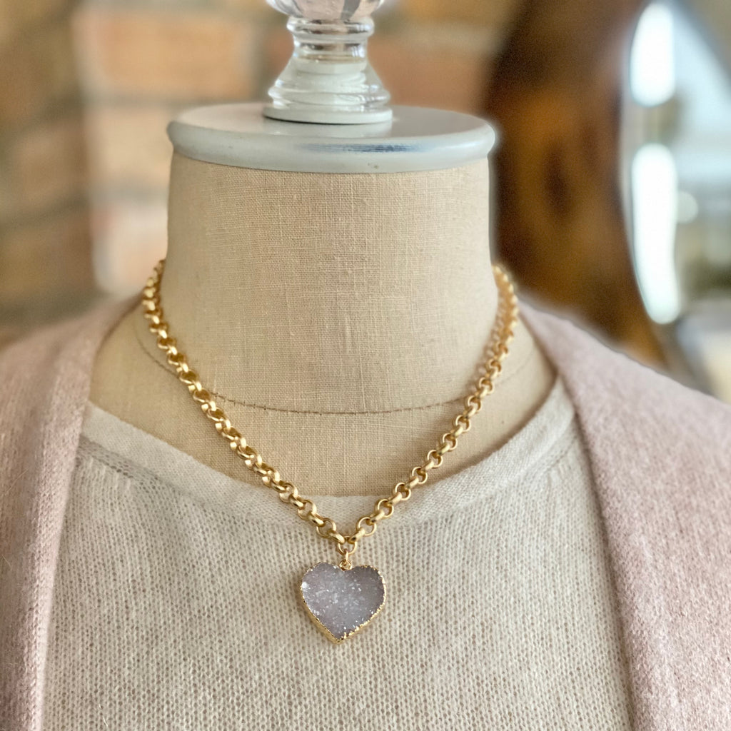 White Heart Druzy Pendant on Chunky Brushed Gold-Filled Necklace  (small)   NEW