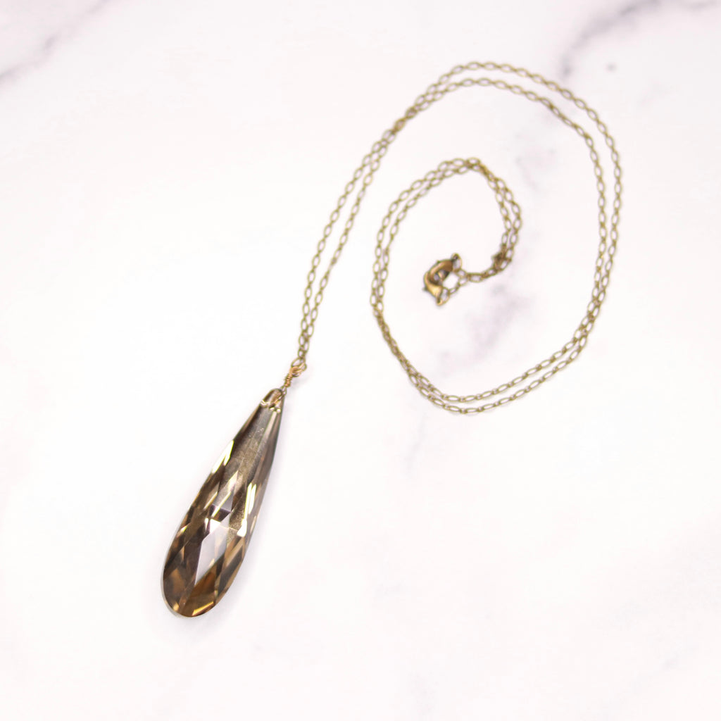 Antique Brass Oval Etched Chain and Smoky Quartz Long Teardrop Pendant  NEW