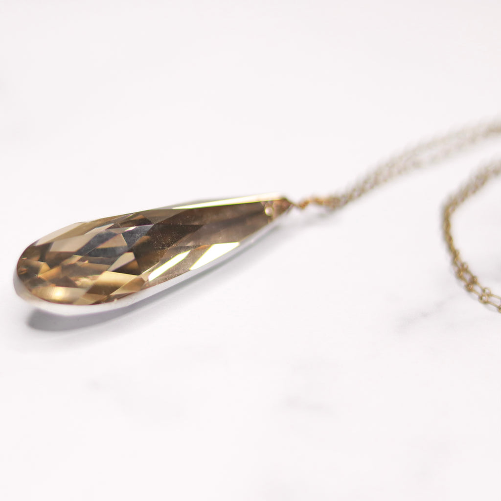 Antique Brass Oval Etched Chain and Smoky Quartz Long Teardrop Pendant  NEW