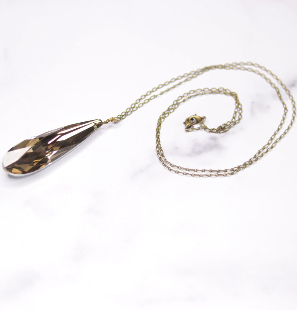 Antique Brass Oval Etched Chain and Smoky Quartz Long Teardrop Pendant  NEW