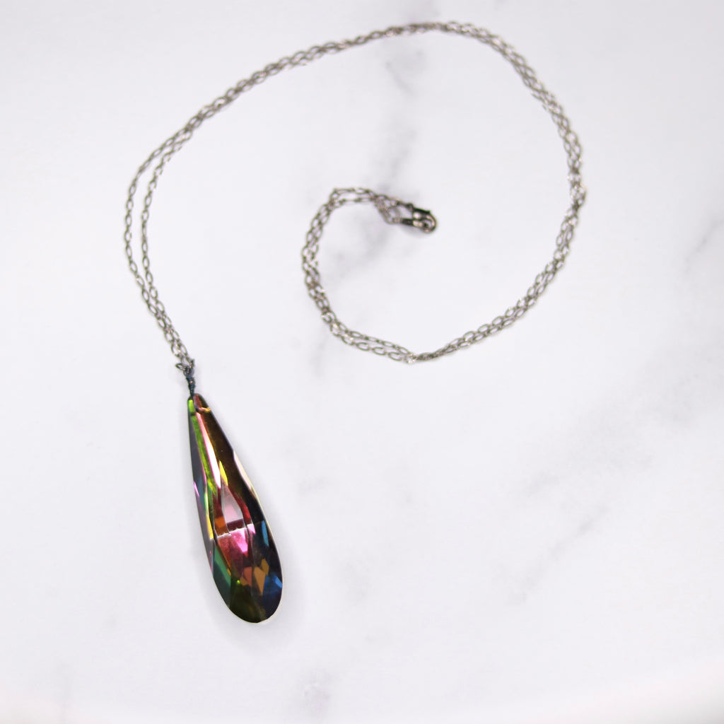 Gunmetal Oval Etched Chain and Vitrail Crystal Long Teardrop Pendant  NEW