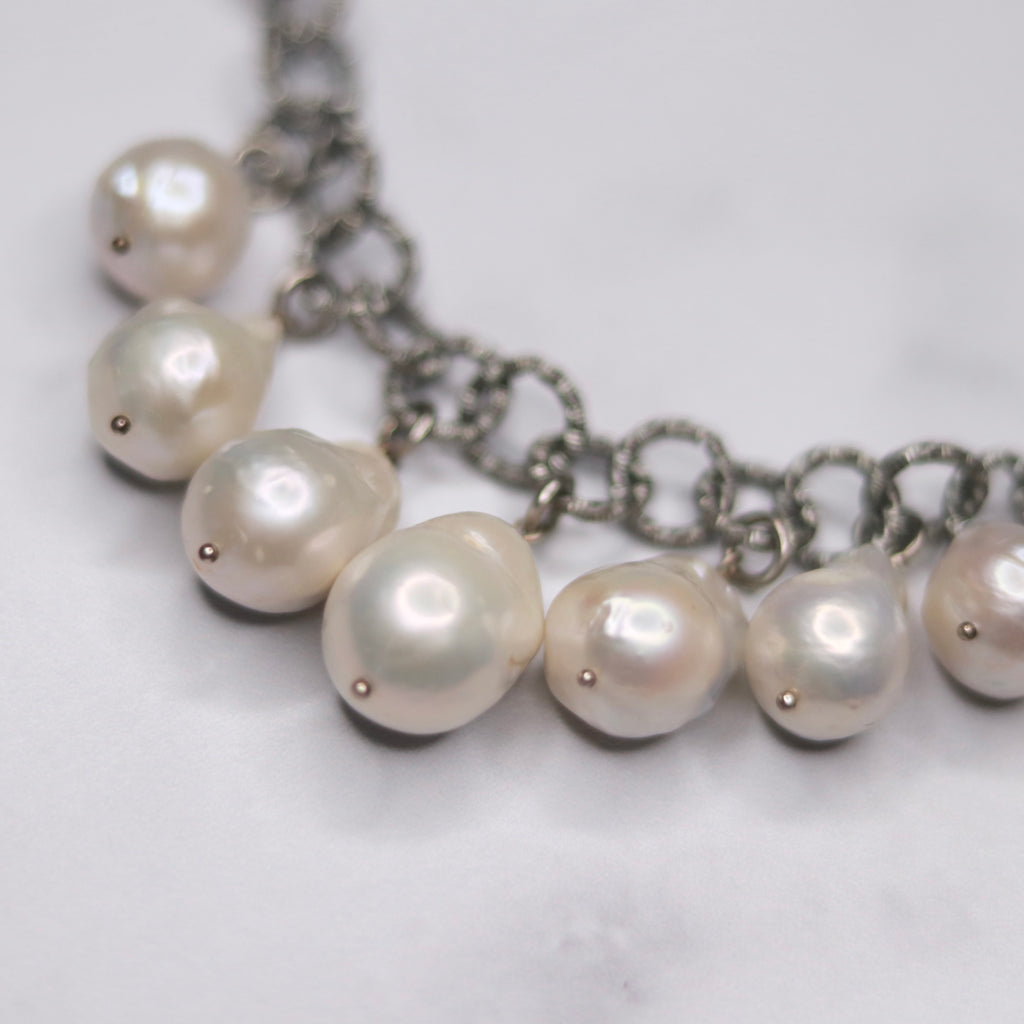 Silver Multi-Drop White Baroque Pearl Chunky Necklace  NEW