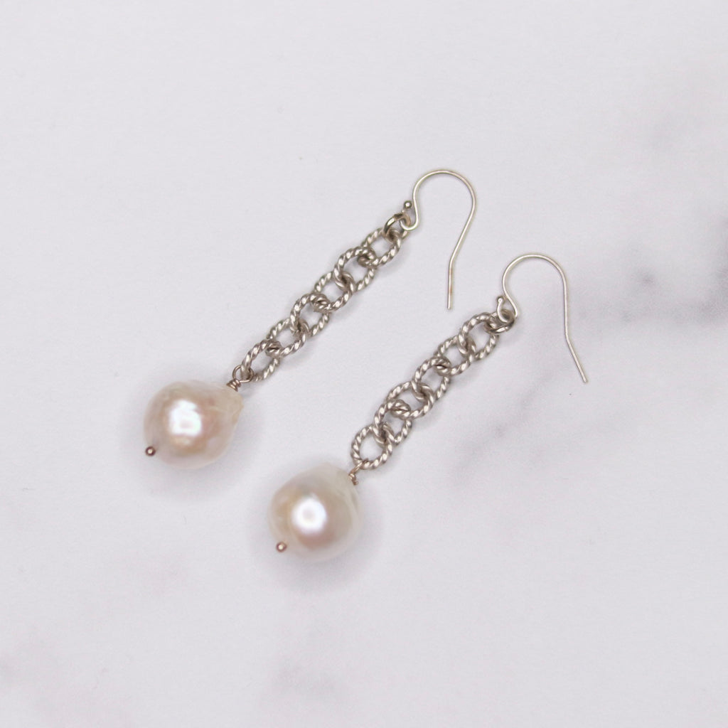 Silver Chunky White Baroque Pearl Long Chain Drop Earrings  NEW