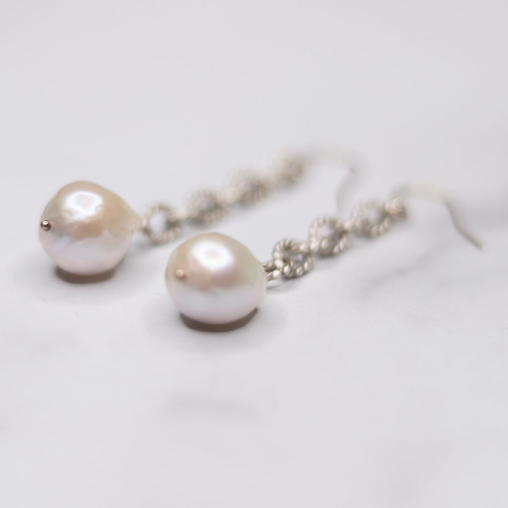 Silver Chunky White Baroque Pearl Long Chain Drop Earrings  NEW