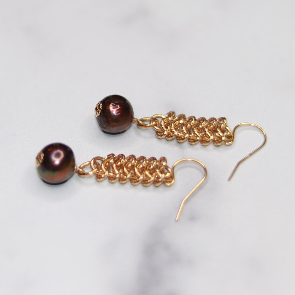 Gold Filled Chainmaille with Dark Burgandy Baroque Pearl Drop Earrings  NEW