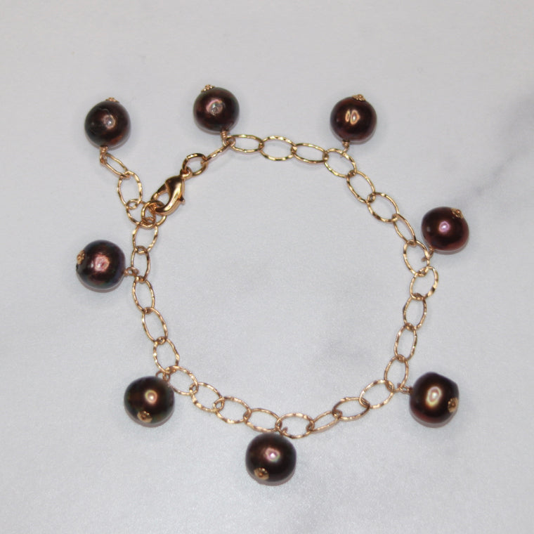 Gold Filled Oval Etched Multi Drop Dark Burgandy Baroque Pearl Drop Bracelet  NEW