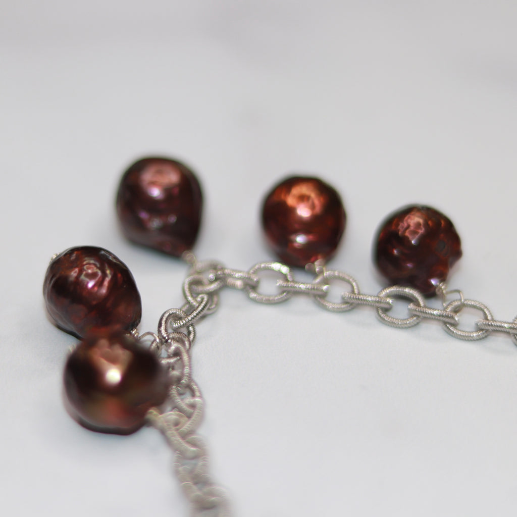 Brushed Silver Multi-Drop Dark Burgandy Pearl Chunky Necklace  NEW