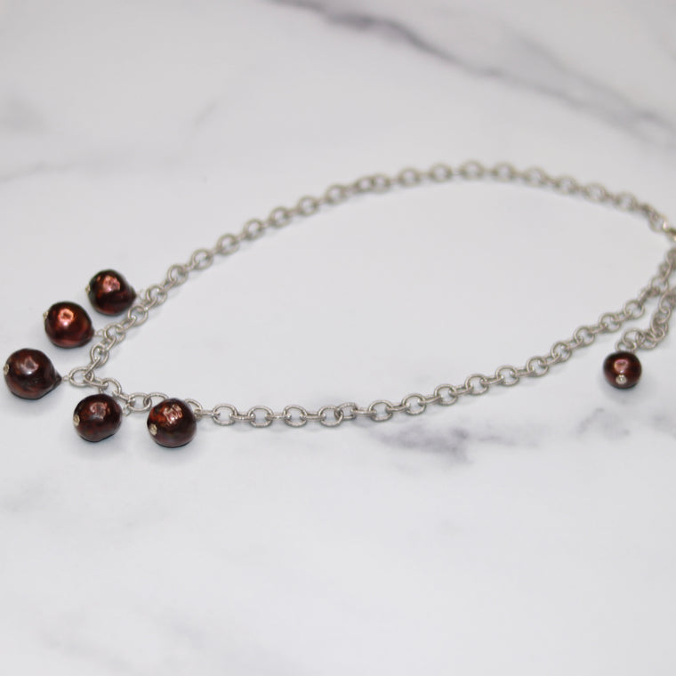 Brushed Silver Multi-Drop Dark Burgandy Pearl Chunky Necklace  NEW