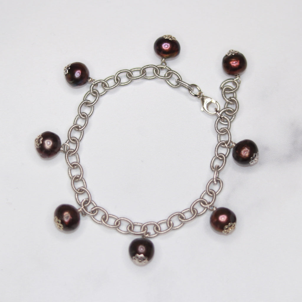 Brushed Silver Multi Drop Dark Burgandy Baroque Pearl Drop Bracelet  NEW