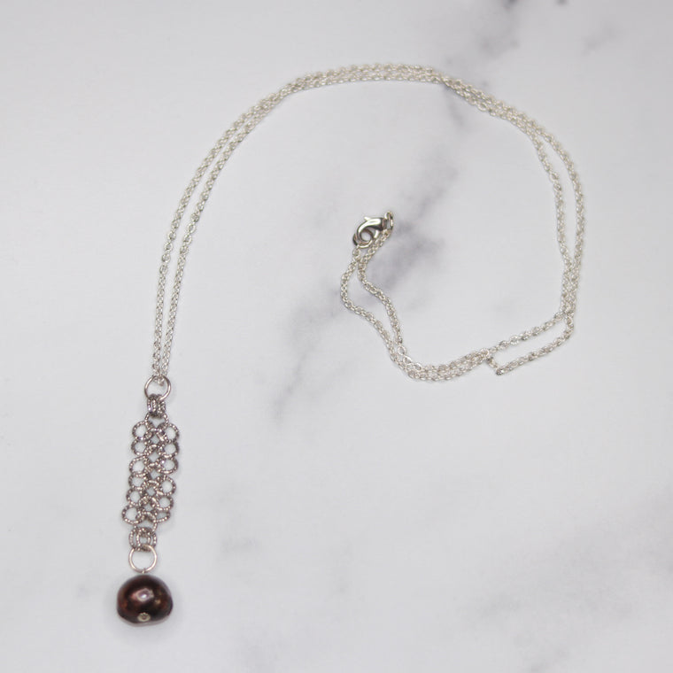 Brushed Silver Chainmaille with Dark Burgandy Baroque Pearl Long Pendant Necklace NEW