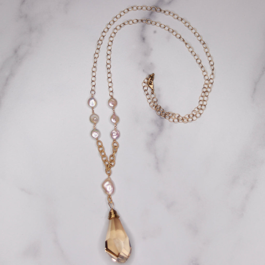 Gold Filled Golden Shadow Chunky Teardrop Swarovski Crystal Pendant & Baroque Pearl Necklace  NEW