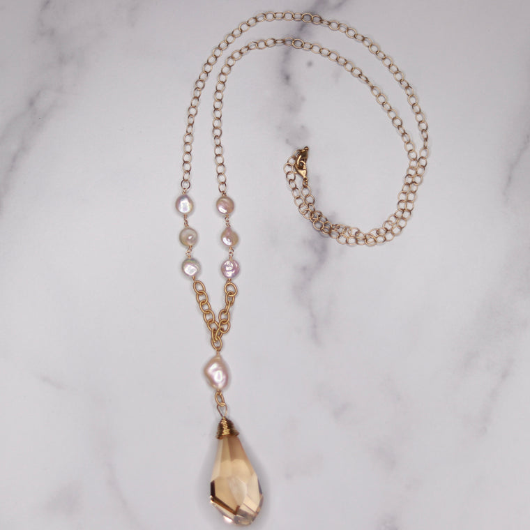Gold Filled Golden Shadow Chunky Teardrop Swarovski Crystal Pendant & Baroque Pearl Necklace  NEW