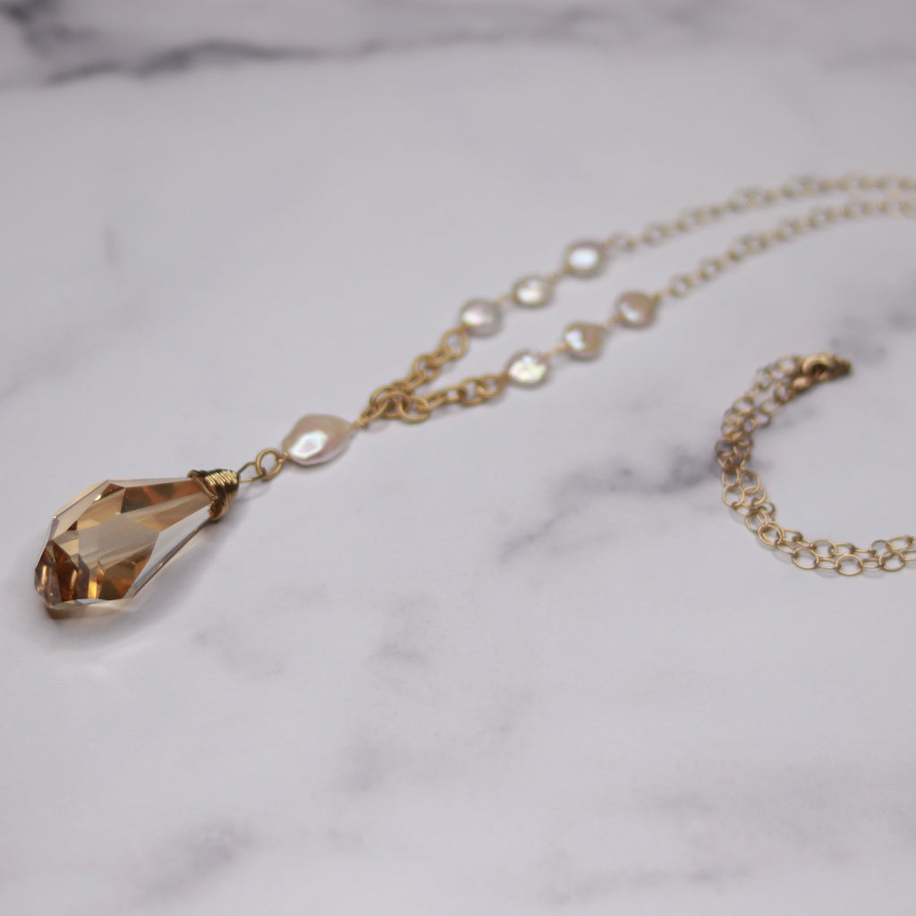 Gold Filled Golden Shadow Chunky Teardrop Swarovski Crystal Pendant & Baroque Pearl Necklace  NEW