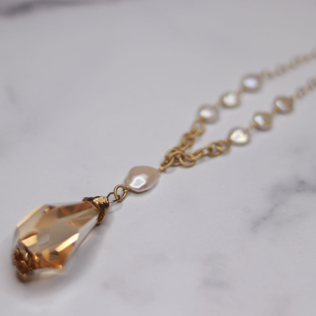 Gold Filled Golden Shadow Chunky Teardrop Swarovski Crystal Pendant & Baroque Pearl Necklace  NEW