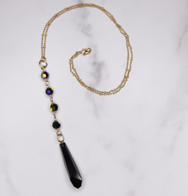 Gold Filled Jet Black Swarovski Icicle Crystal Pendant & Black Swarovski Rounds Necklace  NEW