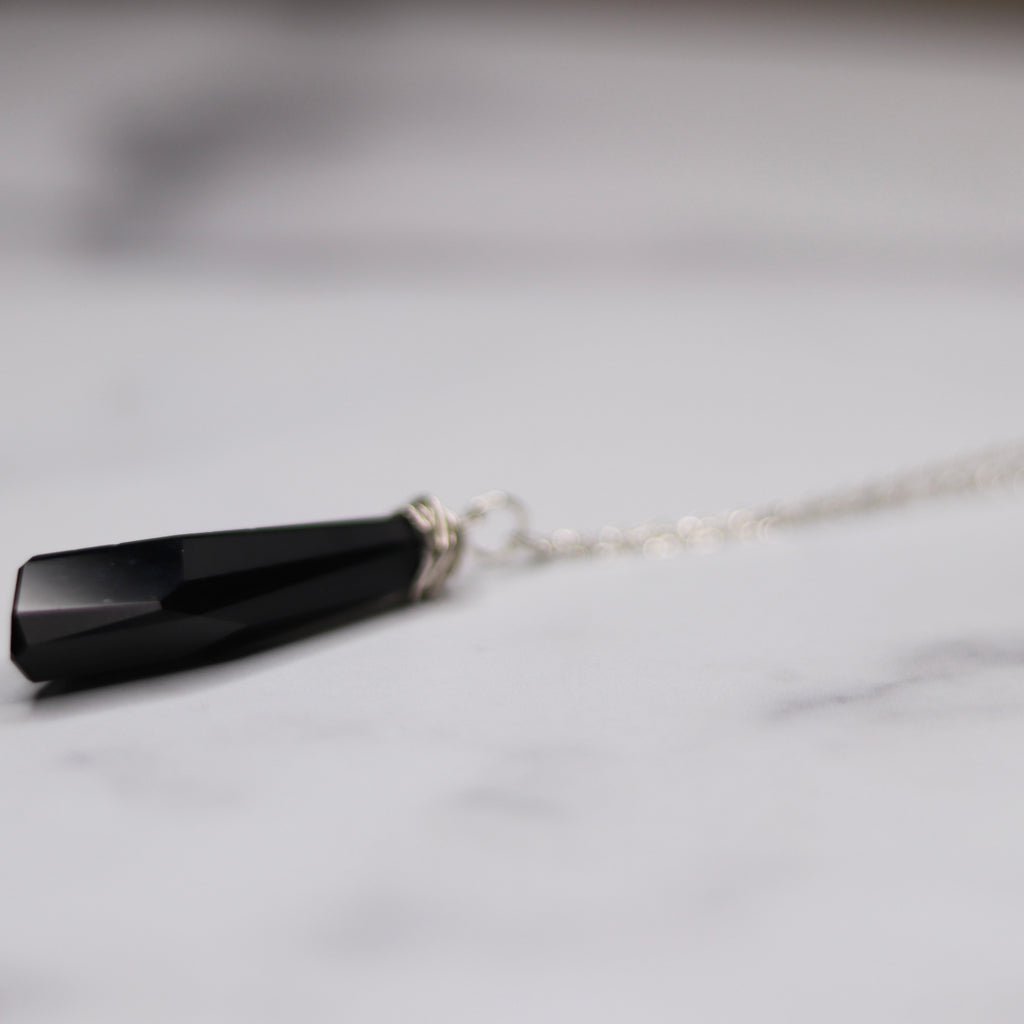 Sterling Silver wrapped Jet Black Swarovski Icicle Crystal Pendant and Wrapped Jet Swarovski Chain Necklace  NEW