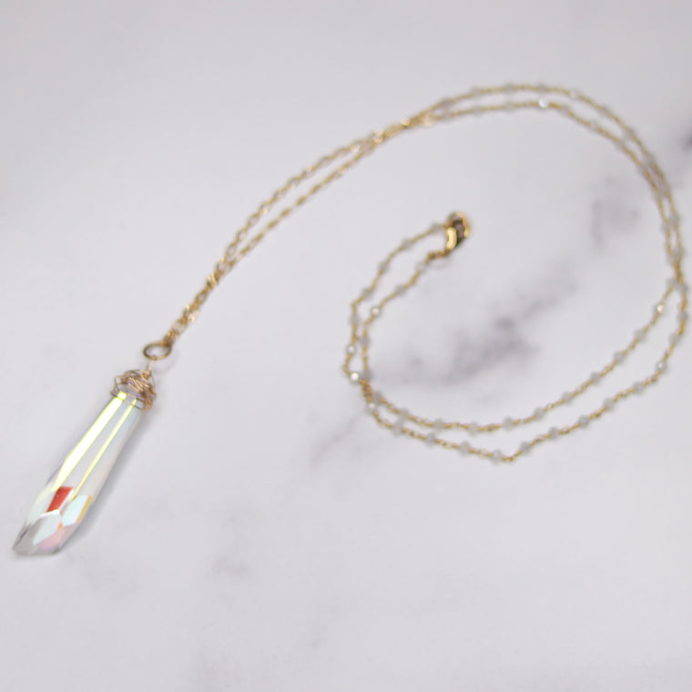 Gold Filled wrapped Frosted Clear AB Swarovski Icicle Crystal Pendant and Wrapped Moonstone Chain Necklace  NEW