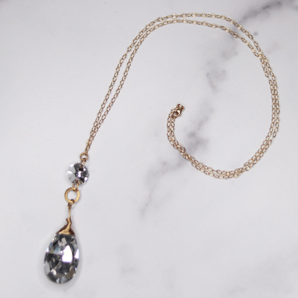 Gold Filled wrapped Silver Foil Teardrop Swarovski and Swarovski Crystal Pendant Necklace  NEW