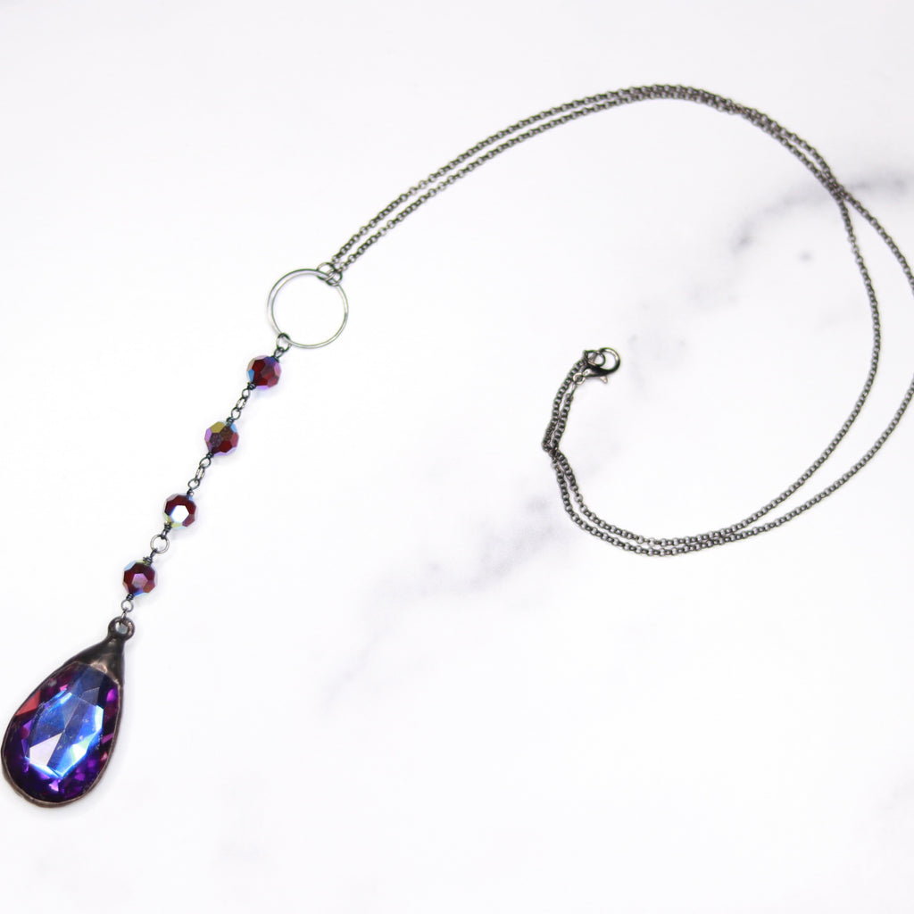 Gunmetal soldered Deep Purple Teardrop Crystal and Deep Purple Swarovski Crystals Pendant Necklace  NEW