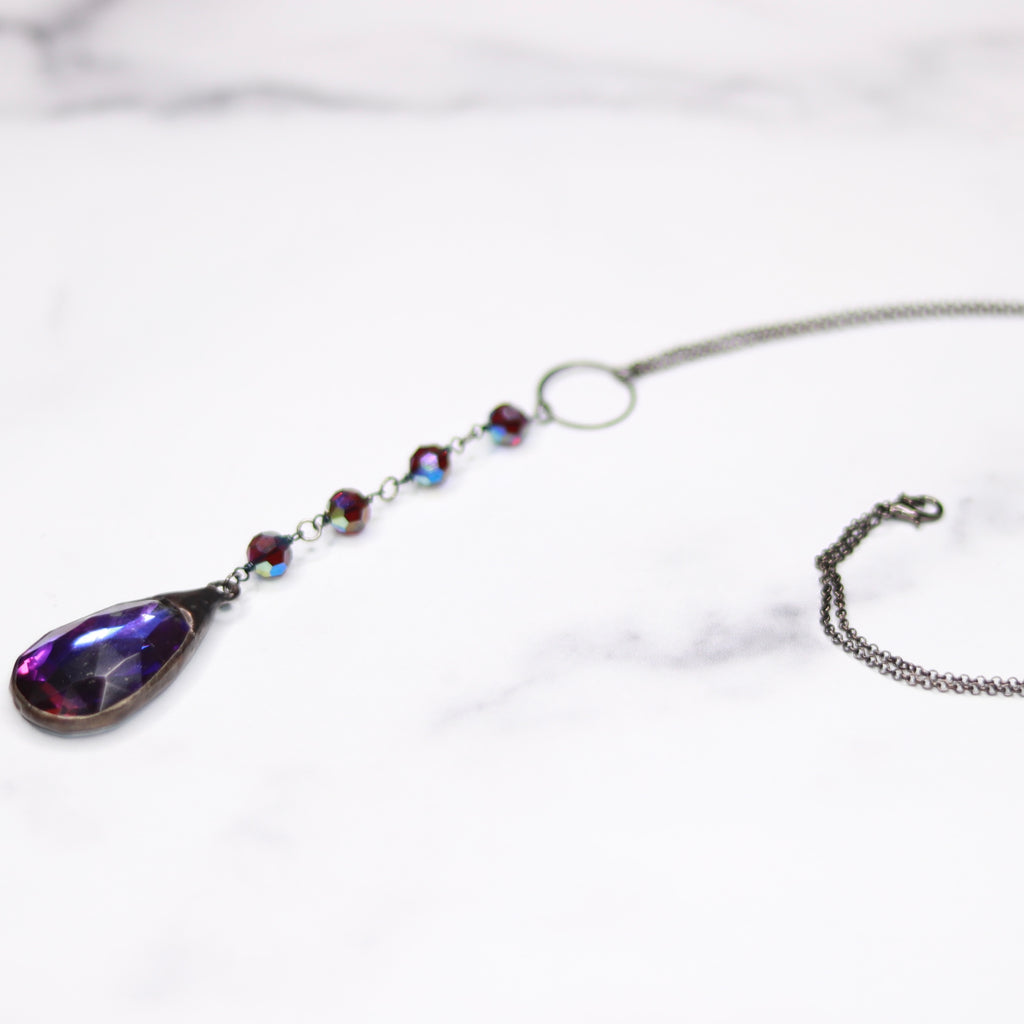 Gunmetal soldered Deep Purple Teardrop Crystal and Deep Purple Swarovski Crystals Pendant Necklace  NEW