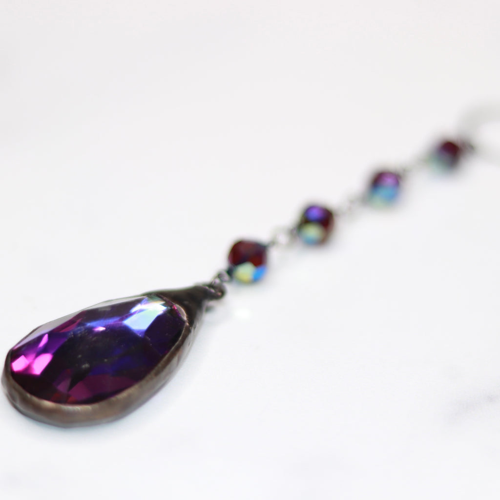 Gunmetal soldered Deep Purple Teardrop Crystal and Deep Purple Swarovski Crystals Pendant Necklace  NEW