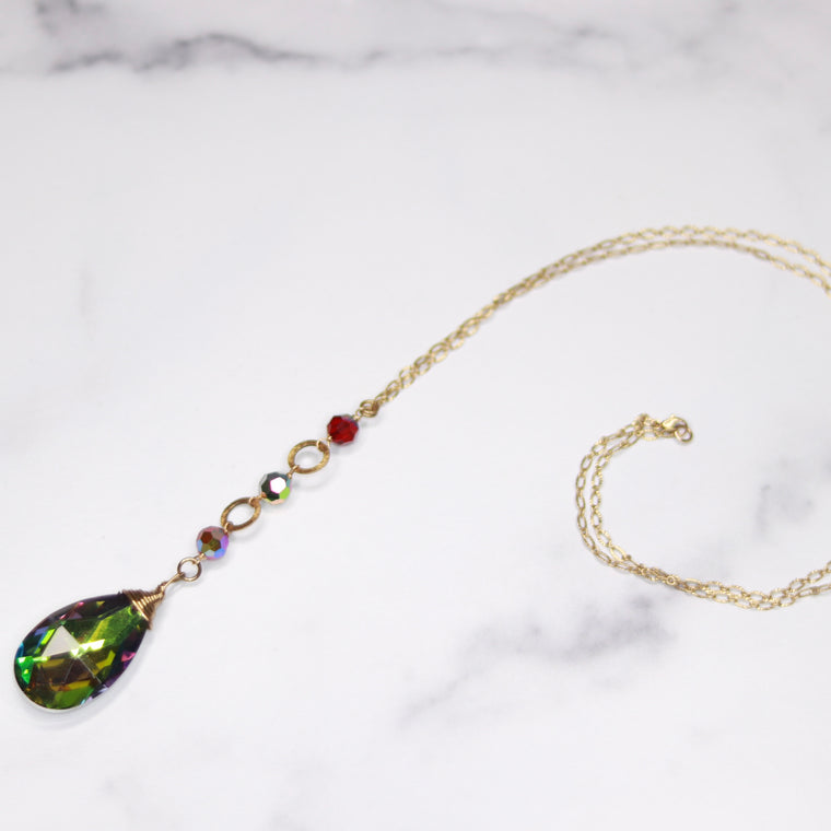 Gold Filled wrapped Vitrail Teardrop Crystal and Vitrail Swarovski Crystals Pendant Necklace  NEW