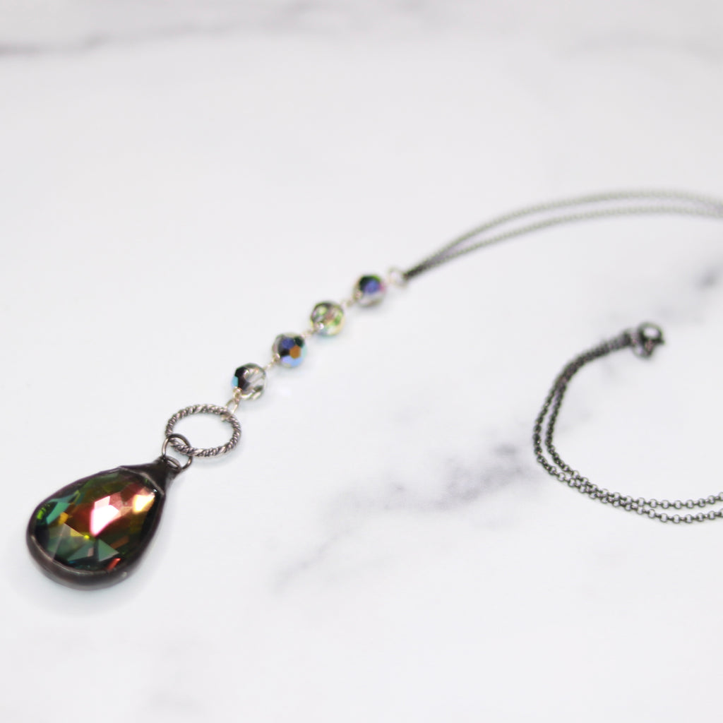 Gunmetal soldered Vitrail Teardrop Crystal and Vitrail Swarovski Crystals Pendant Necklace  NEW