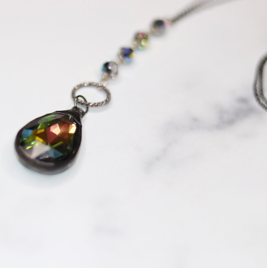 Gunmetal soldered Vitrail Teardrop Crystal and Vitrail Swarovski Crystals Pendant Necklace  NEW