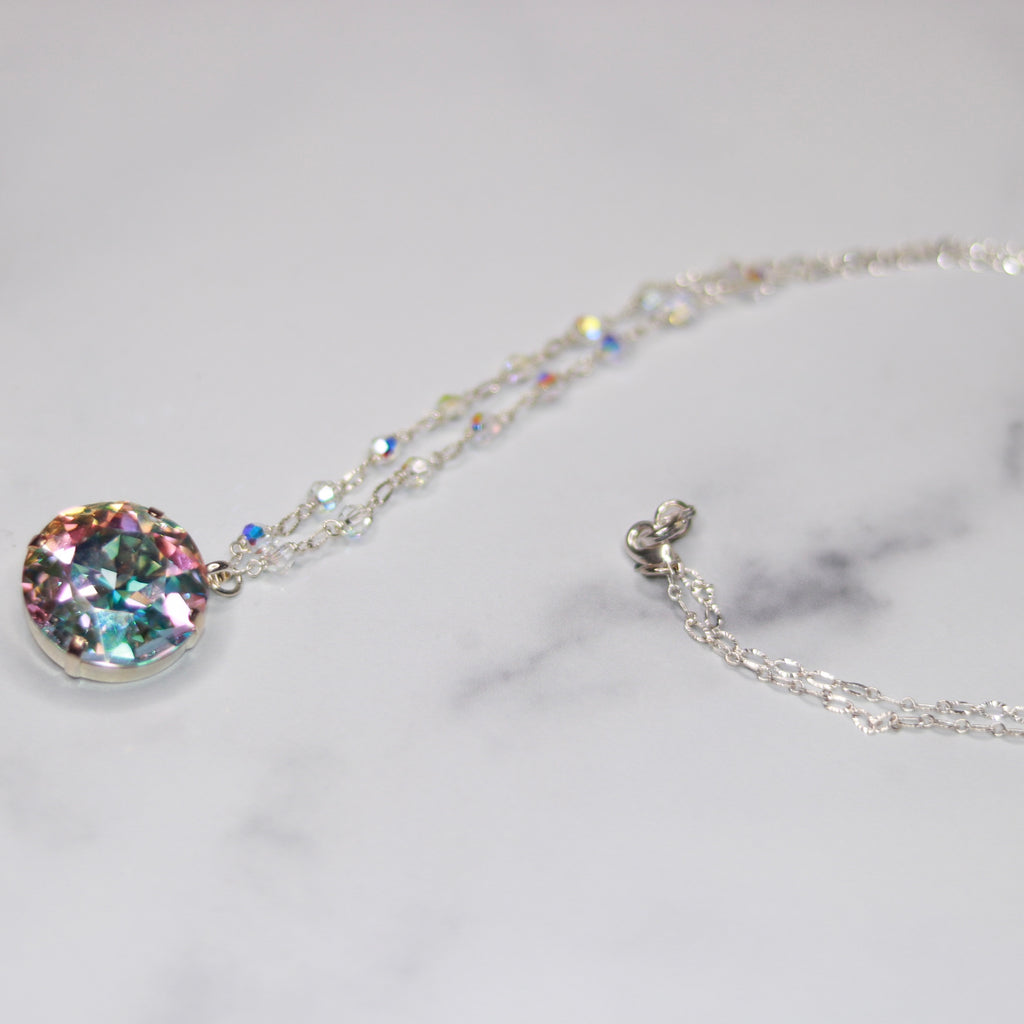 Sterling Silver Large Round AB Swarovski Crystal with round Swarovski crystals Pendant Necklace  NEW