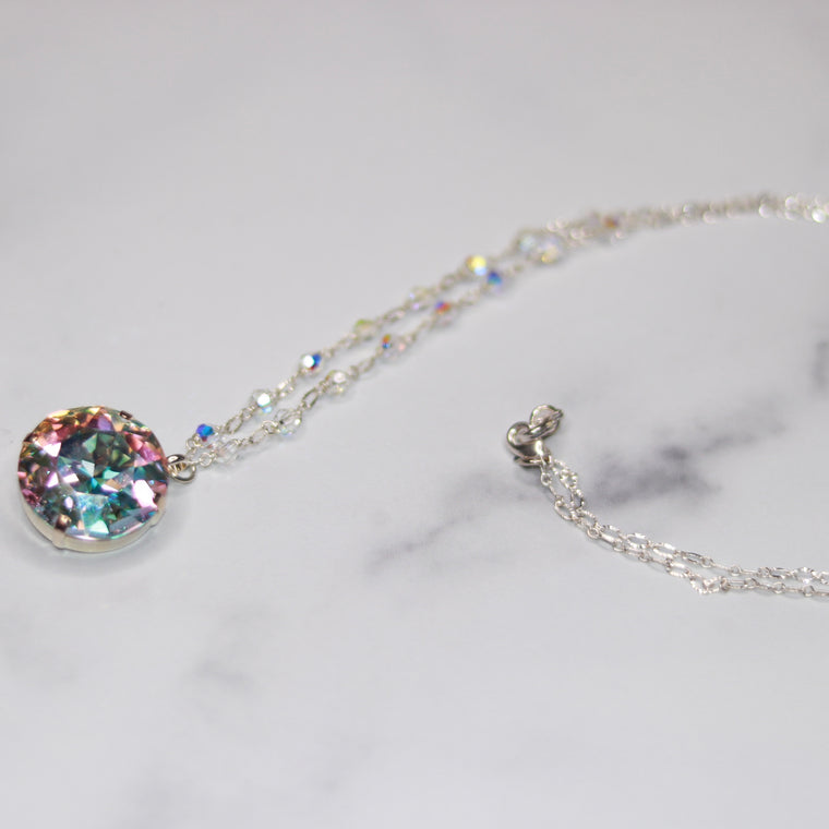 Sterling Silver Large Round AB Swarovski Crystal with round Swarovski crystals Pendant Necklace  NEW