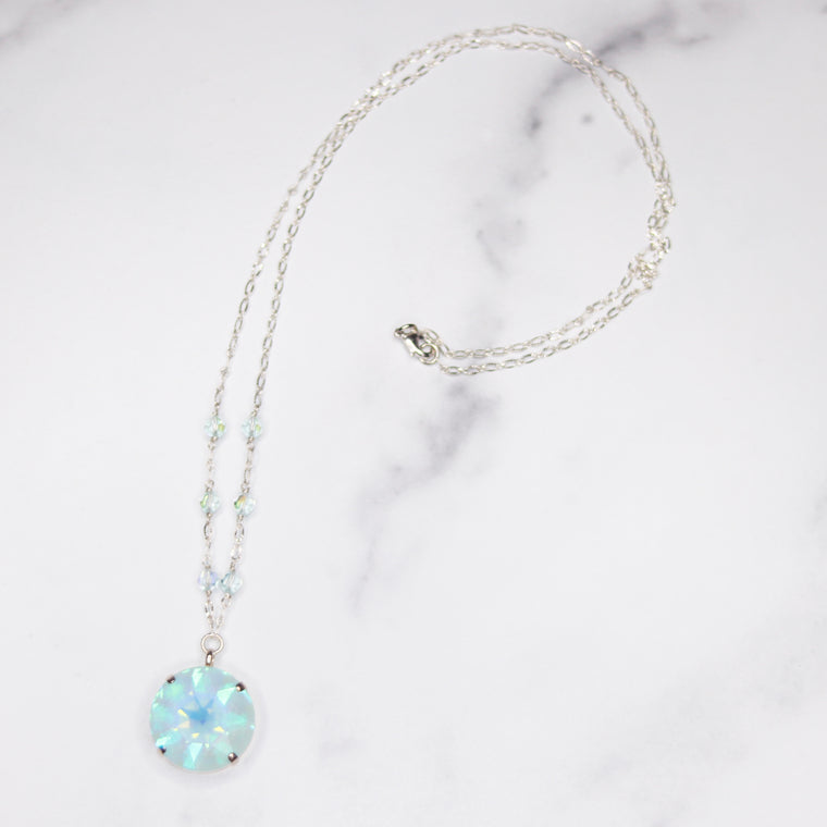 Sterling Silver Large Round Ice Blue AB Swarovski Crystal with round Swarovski crystals Pendant Necklace  NEW