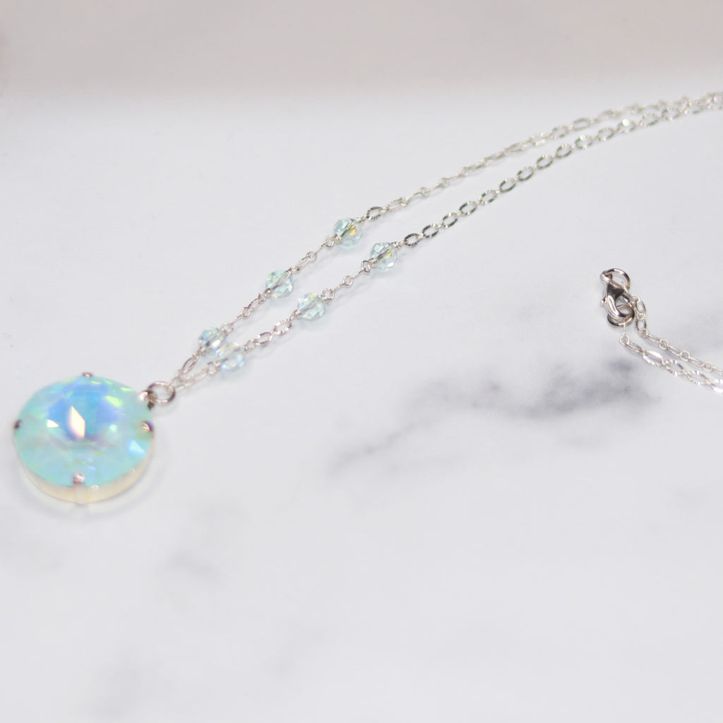 Sterling Silver Large Round Ice Blue AB Swarovski Crystal with round Swarovski crystals Pendant Necklace  NEW