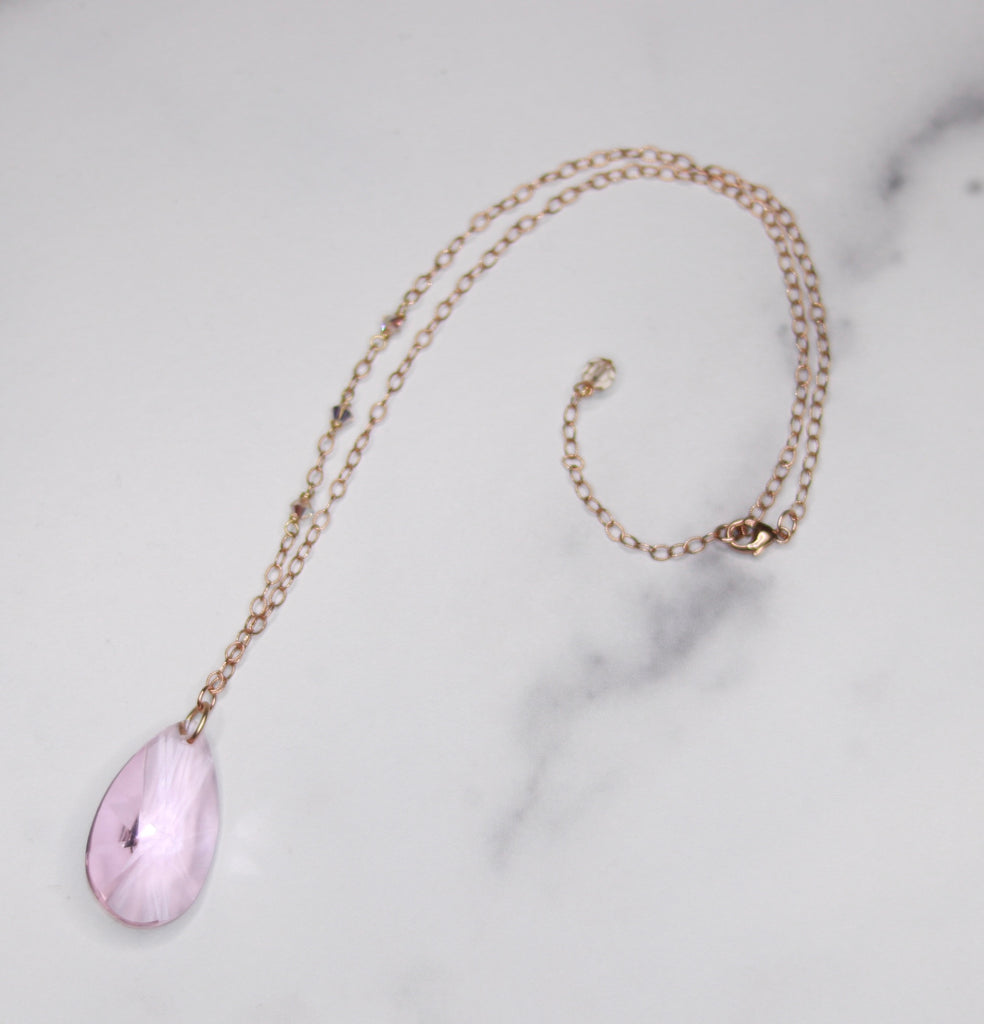 Rose Gold Light Pink Teardrop Swarovski Crystal Pendant Necklace  NEW