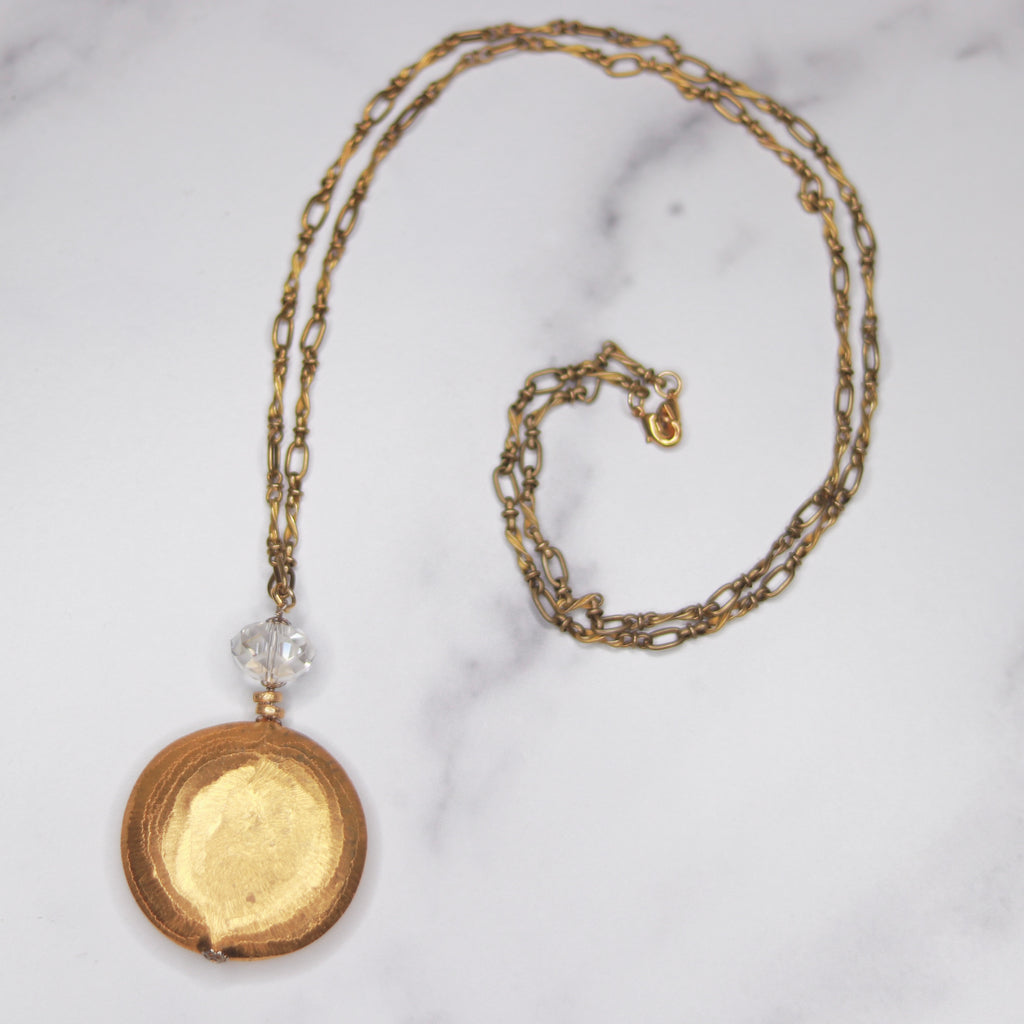 Brushed Gold Vermeil Disc Pendant Necklace with Swarovski Rondelle Crystal on Vintage Twisted Brass Chain  NEW