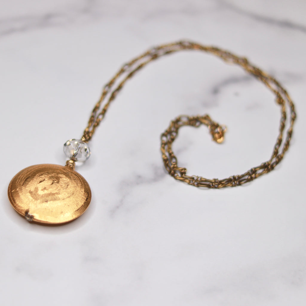 Brushed Gold Vermeil Disc Pendant Necklace with Swarovski Rondelle Crystal on Vintage Twisted Brass Chain  NEW