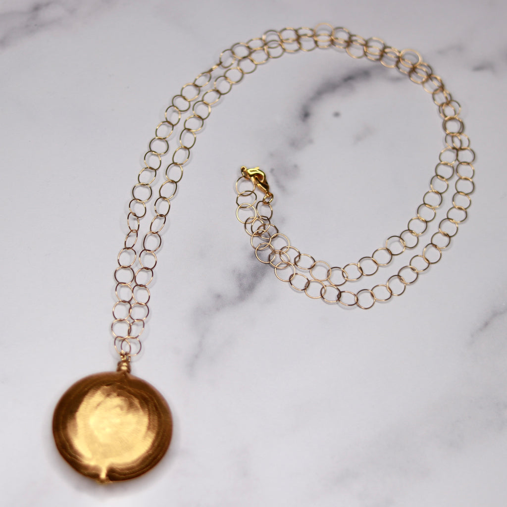 Brushed Gold Vermeil Disc Pendant Necklace On Etched Large Loop Chain  NEW
