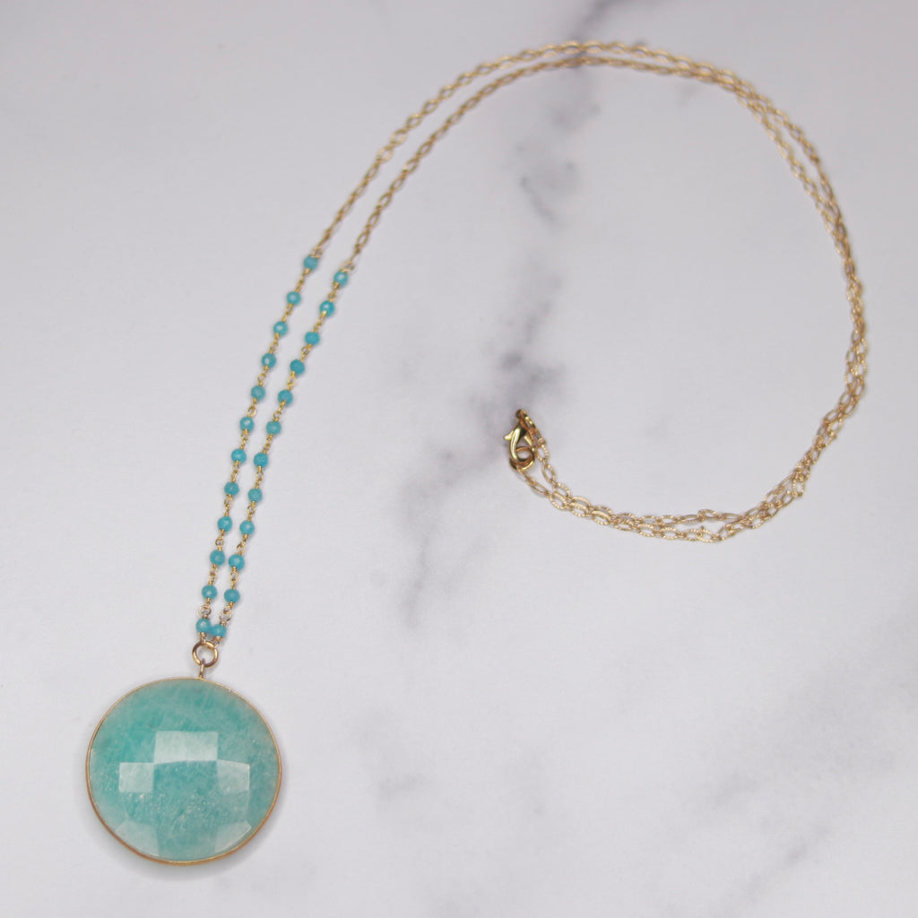 Round Aqua Marine Pendant on Brushed Gold Etched Oval Chain Necklace  NEW