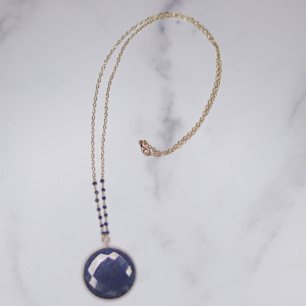 Round Blue Lapis Pendant on Gold Filled Etched Oval Chain Necklace  NEW