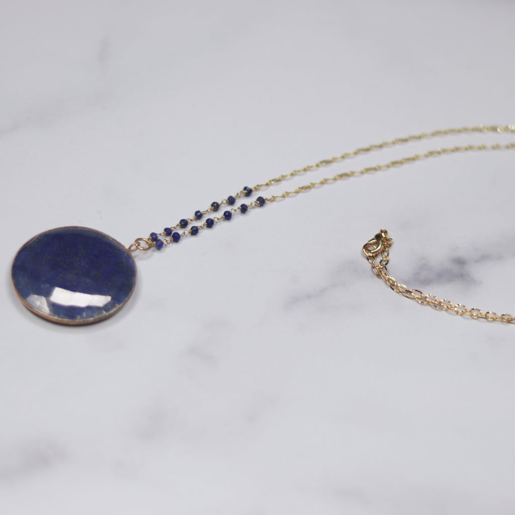 Round Blue Lapis Pendant on Gold Filled Etched Oval Chain Necklace  NEW
