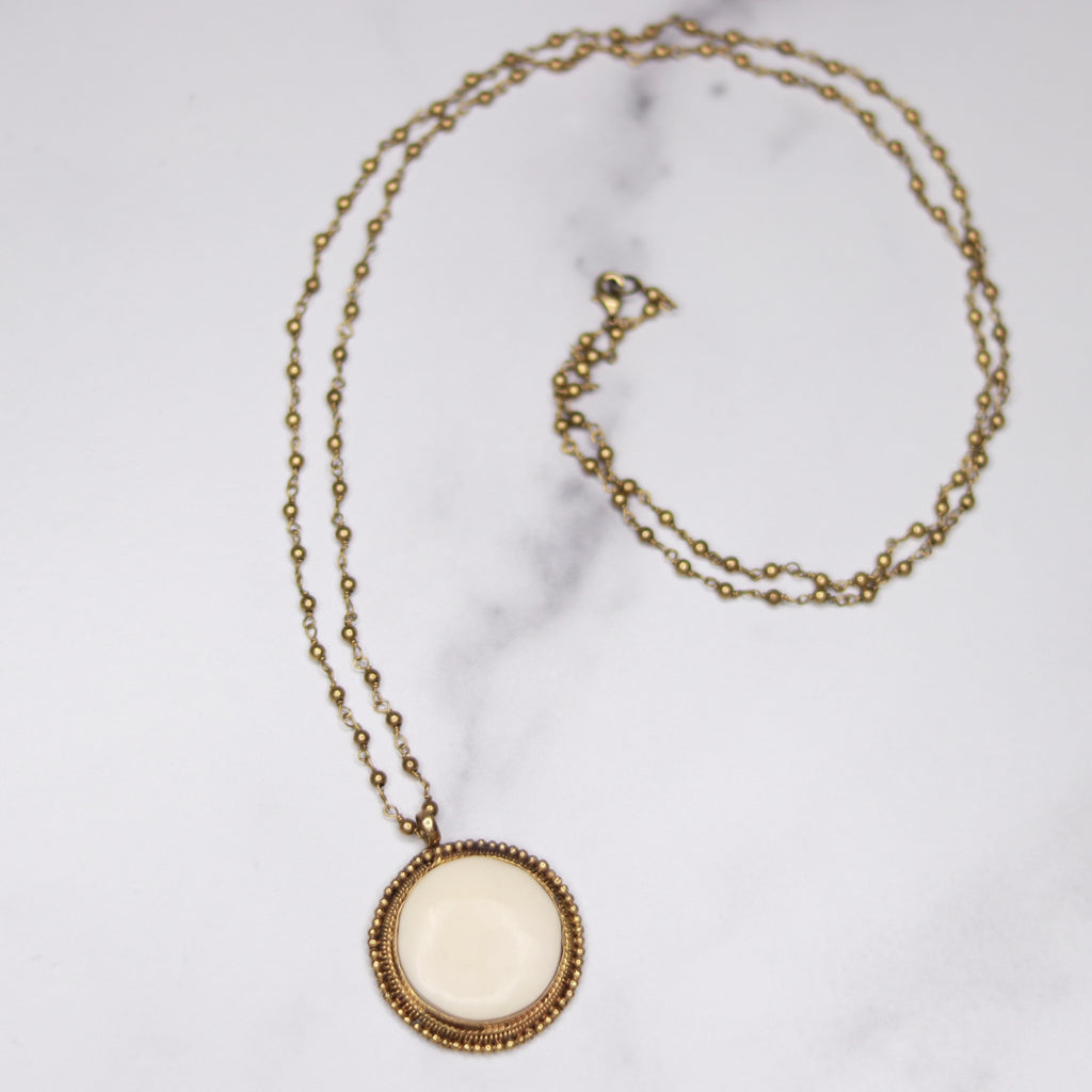 Vintage Round Ivory Bone Pendant on Antiqued Gold Ball Chain Necklace  NEW