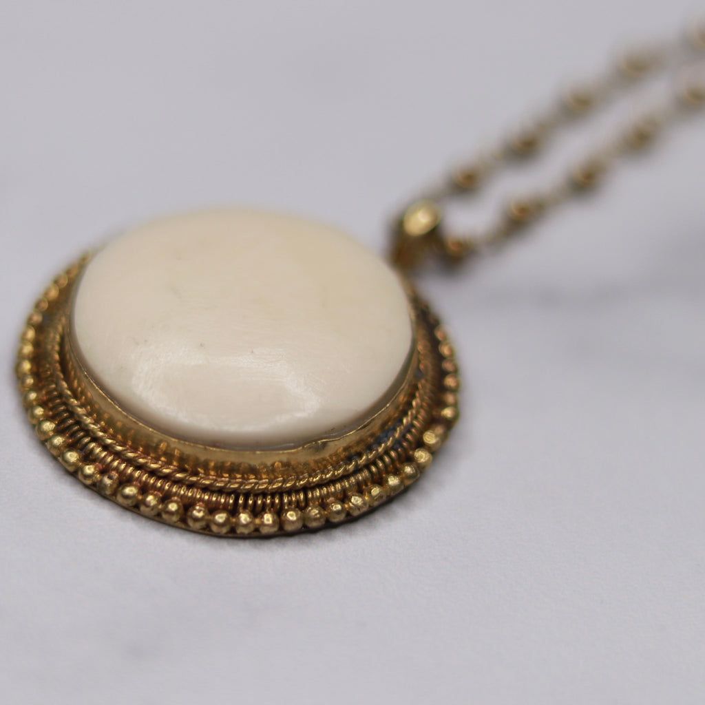 Vintage Round Ivory Bone Pendant on Antiqued Gold Ball Chain Necklace  NEW