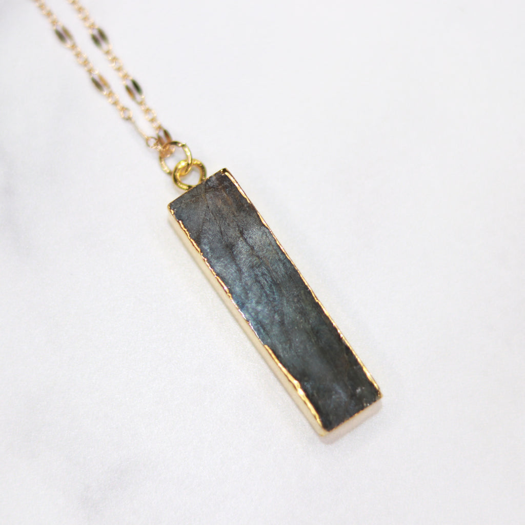 Labradorite Rectangle Block Pendant on Gold Filled Oval Etched Chain Necklace  NEW