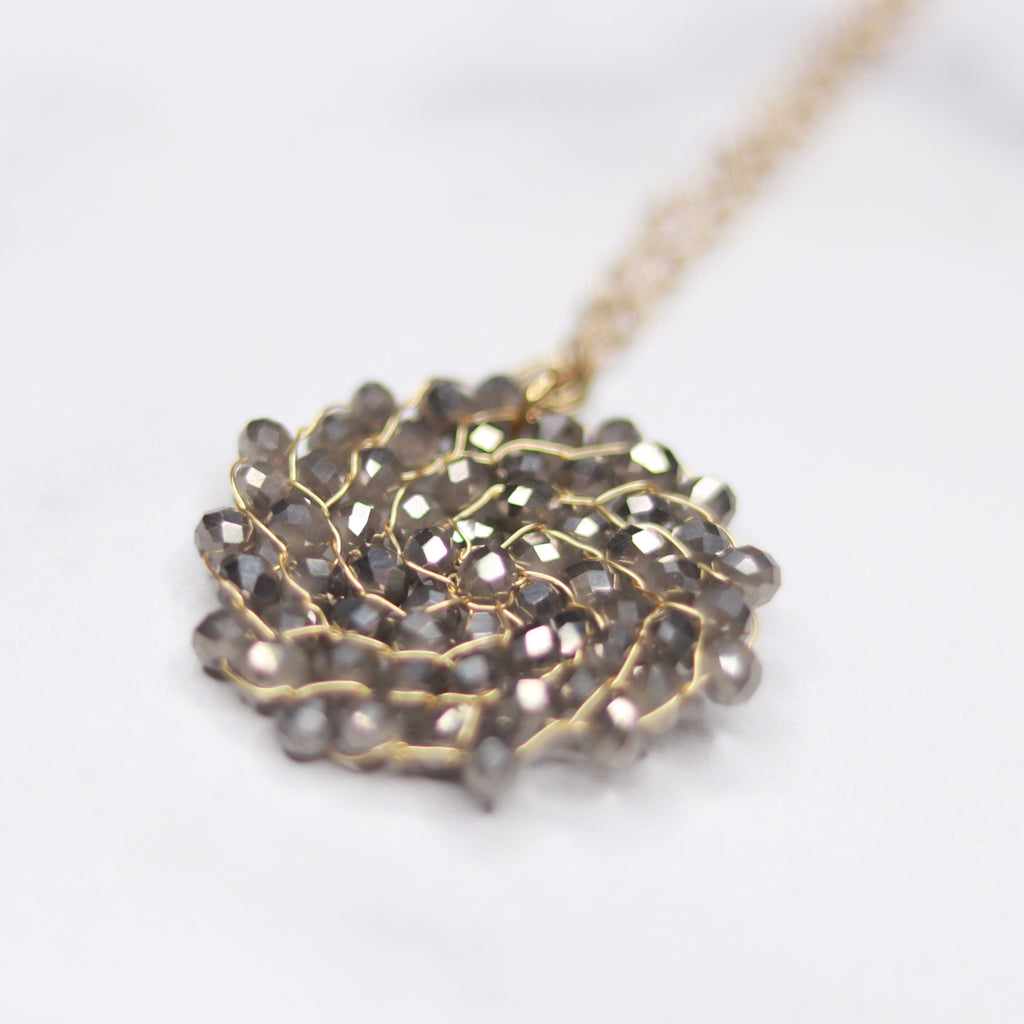 Small Brushed Gold Charcoal Swarovski Crystal Woven Round Pendant Necklace  NEW