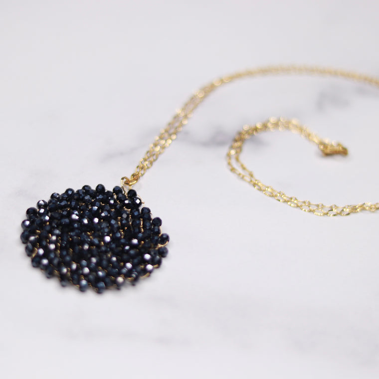 Gold Filled Metallic Black Midnight Swarovski Crystal Woven Round Pendant Necklace  NEW
