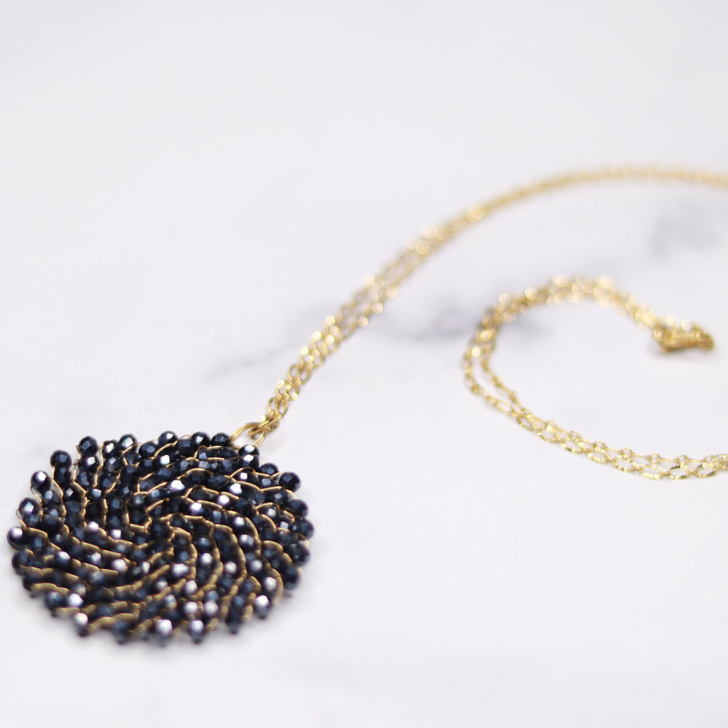 Gold Filled Metallic Black Midnight Swarovski Crystal Woven Round Pendant Necklace  NEW