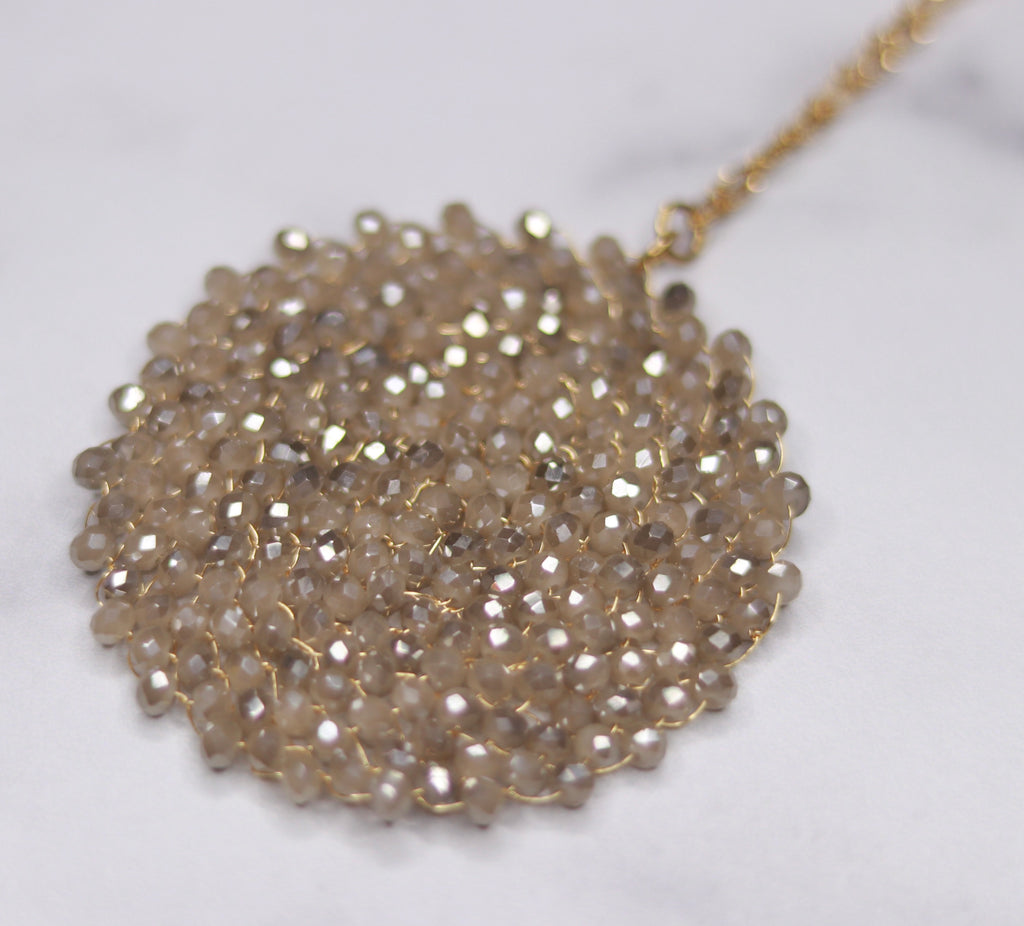 Gold Filled Taupe Swarovski Crystal Woven Round Pendant Necklace  NEW