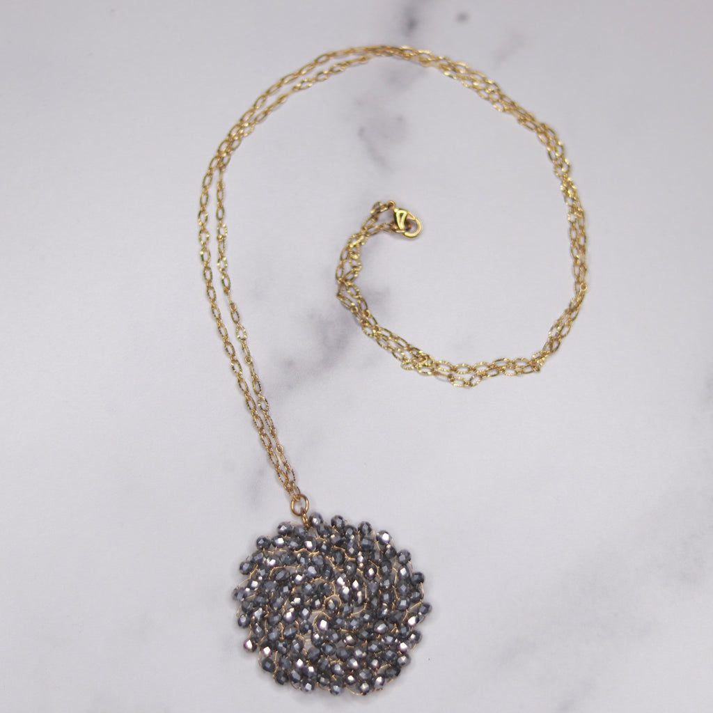 Gold Filled Metallic Pewter Swarovski Crystal Woven Round Pendant Necklace  NEW